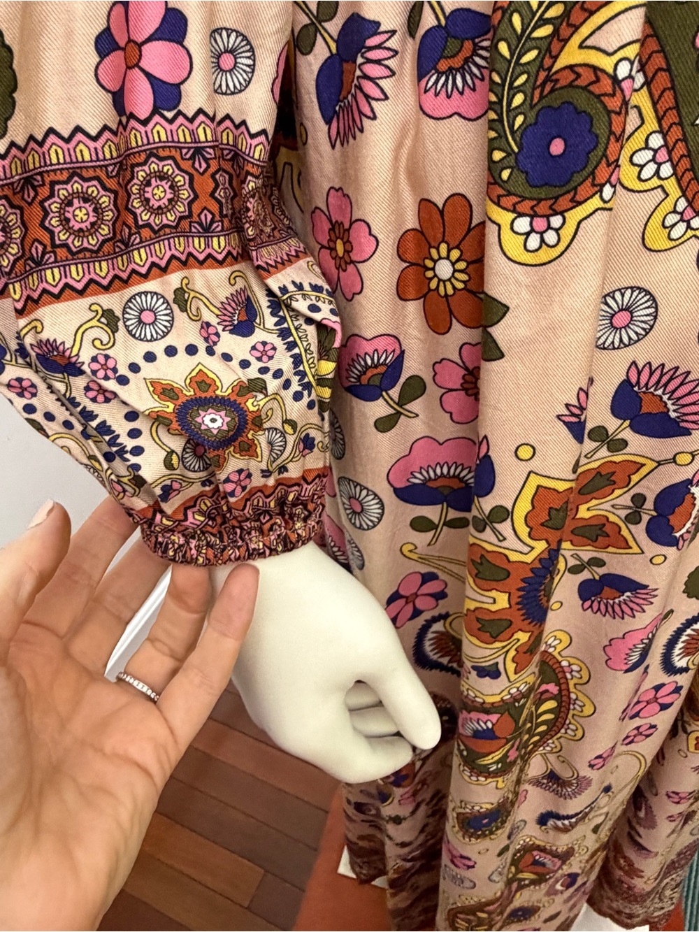 Boden Paisley Floral Long Sleeve Boho Maxi Dress - Cream, Pink, Green, Brown - Picture 4 of 15